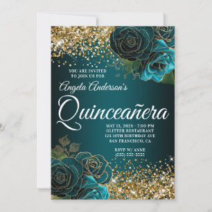 Gold Glitter Türkis Blau Floral Glam Quinceañera Einladung