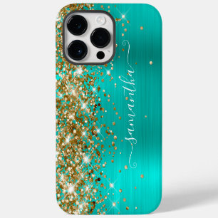 Gold Glitter Türkis Glam Modern Weiblich Signatur iPhone 14 Pro Max Hülle