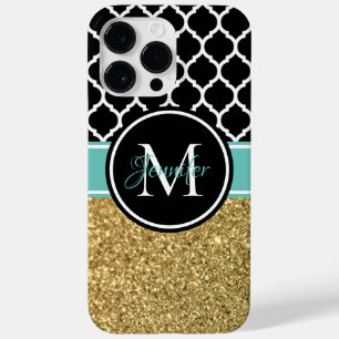 Gold Glitter Türkis Schwarz Weiß Trellis Monogramm Case-Mate iPhone 14 Pro Max Hülle