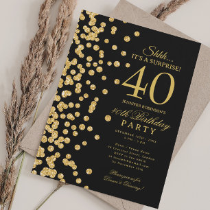 Gold Glitter Überraschung 40. Geburtstag Schwarz Einladung