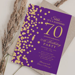 Gold Glitter Überraschung 70. Geburtstag Lila Einladung