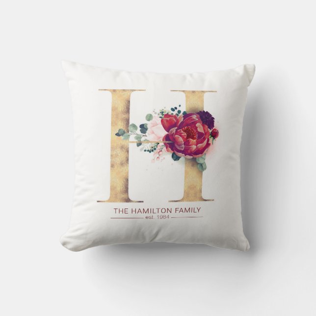 Gold Glitter und Burgund Red Floral H Monogramm Kissen (Vorderseite)