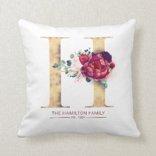 Gold Glitter und Burgund Red Floral H Monogramm Kissen