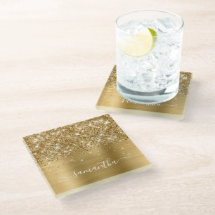 Gold Glitter und Folie Girly Unterschrift Glasuntersetzer