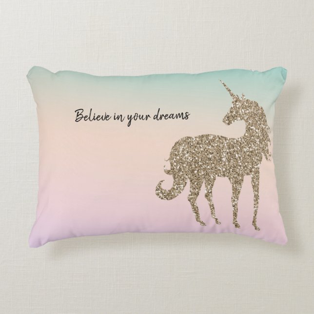 Gold Glitter Unicorn Aqua Peach Pink Shadow Tie Dy Dekokissen (Vorderseite)