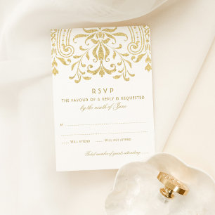 Gold Glitter Vintage Damask RSVP Karte
