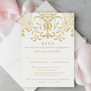 Gold Glitter Vintage Damast mit Mahlzeit RSVP Karte