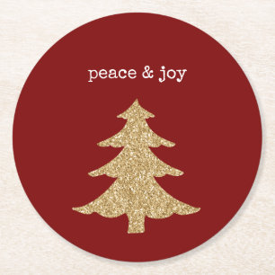 Gold Glitter Weihnachtsbaum Roter Frieden Runder Pappuntersetzer
