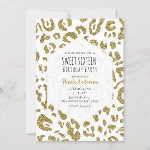 Gold Glitter Weißer Gepard Leopard Süße 16 Party Einladung