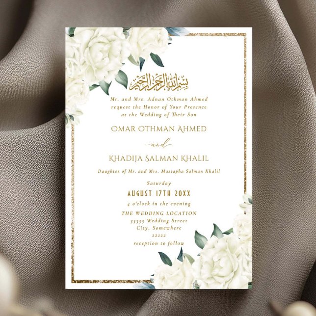 Gold Glitter White Floral Islamic Muslim Wedding Einladung (Von Creator hochgeladen)