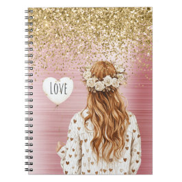 Gold Glitter White Hearts Balloon Red Head Female Notizblock