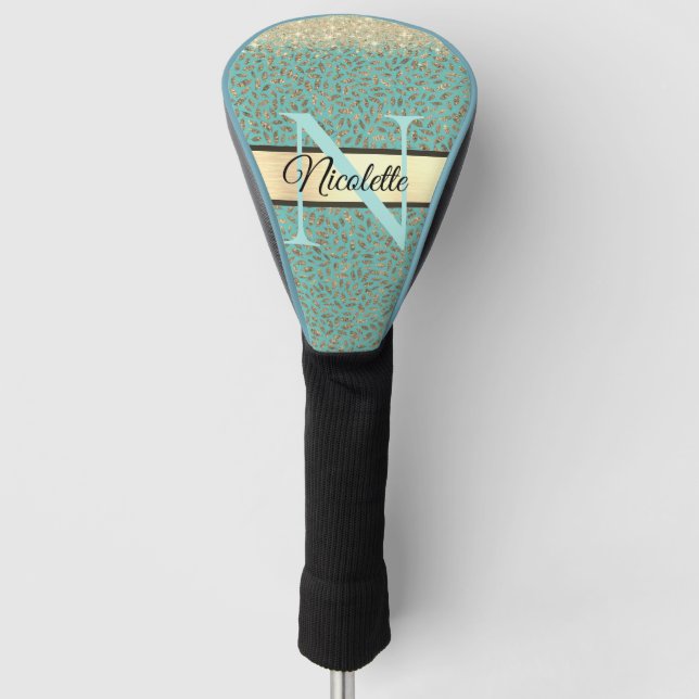 Gold Glittery Feathers Monogram auf Türkis Golf Headcover (Vorderseite)