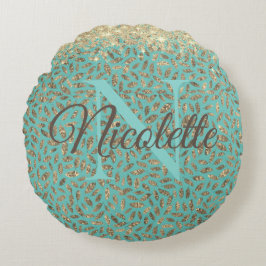 Gold Glittery Feathers Monogram auf Türkis Rundes Kissen