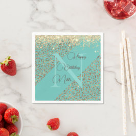 Gold Glittery Feathers Monogram Birthday Serviette