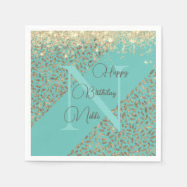 Gold Glittery Feathers Monogram Birthday Serviette