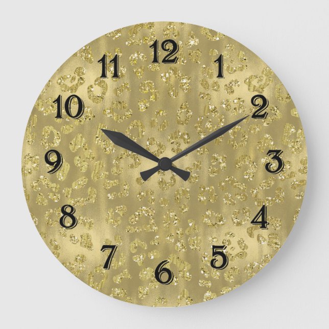 Gold Glittery Leopard Print Große Wanduhr (Vorderseite)