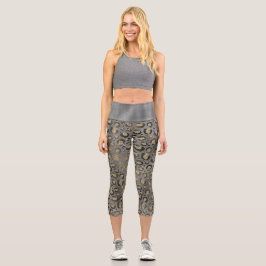 Gold Glittery Leopard Print on Glossy Gray Capri Leggings