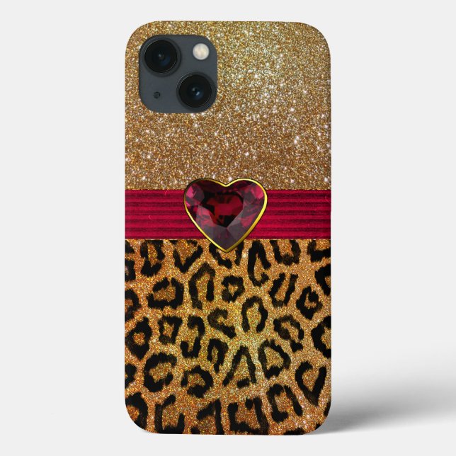 Gold Glittery Leopard Print und Ruby Heart Case-Mate iPhone Hülle (Rückseite)