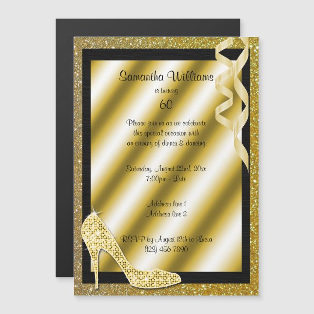 Gold Glittery Stiletto & Streamers 60. Geburtstag Magneteinladung (Vorne/Hinten)