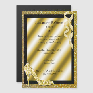 Gold Glittery Stiletto & Streamers 70. Geburtstag Magneteinladung