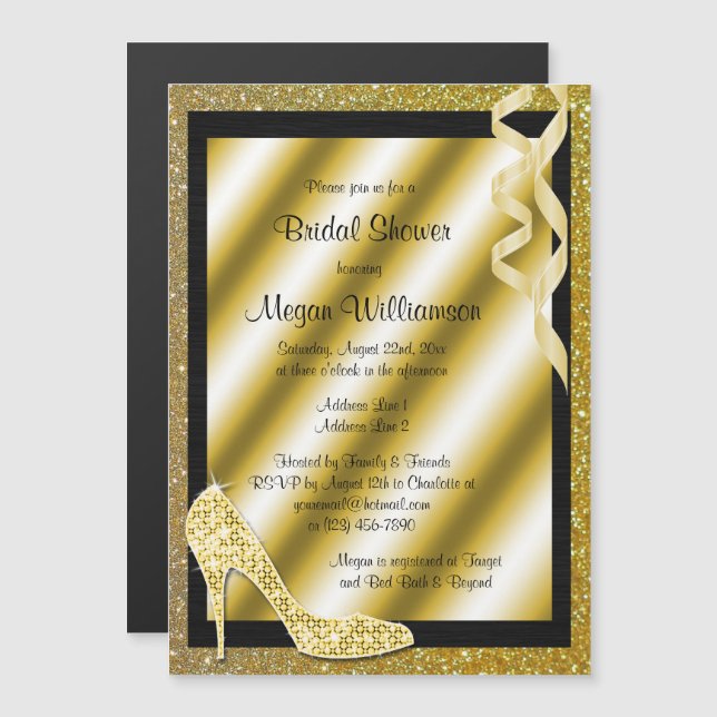 Gold Glittery Stiletto & Streamers Brautparty Magneteinladung (Vorne/Hinten)