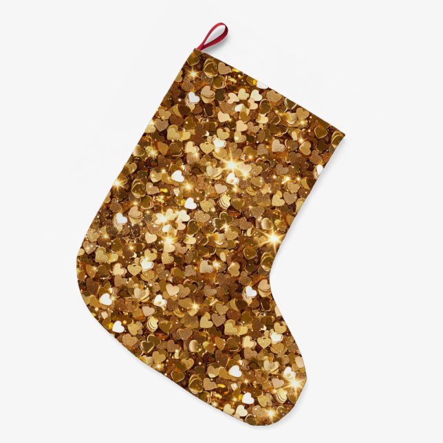 Gold Glitz Glam Sparkle Hearts Großer Weihnachtsstrumpf (Vorderansicht (hängend))