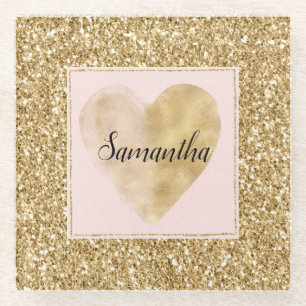 Gold Glitz Glitzer Herzname Glasuntersetzer