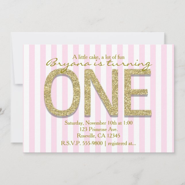 GOLD GLITZER 1 Rosa Streifen 1. Party Einladung (Vorderseite)