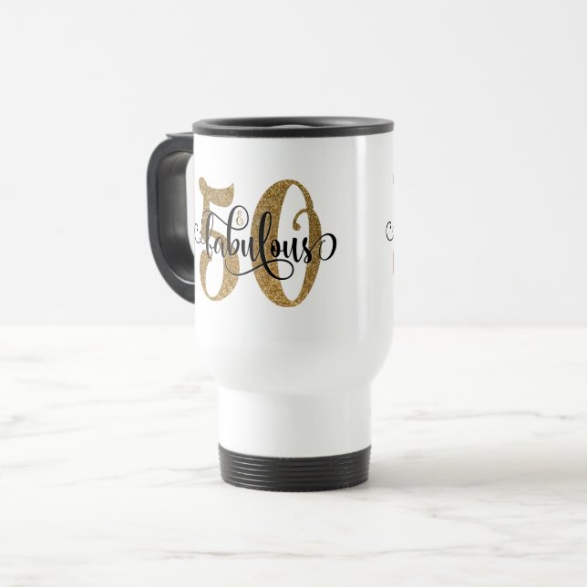 Gold Glitzer 50 & Fabulous Birthday Typografie Reisebecher (Vorderseite Links)