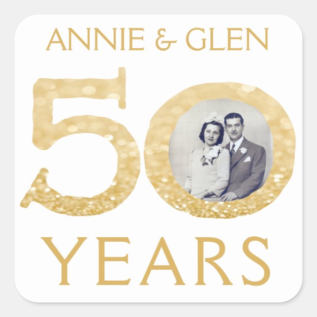 Gold Glitzer 50 Jahre Fotovorlage Quadratischer Aufkleber (Vorderseite)