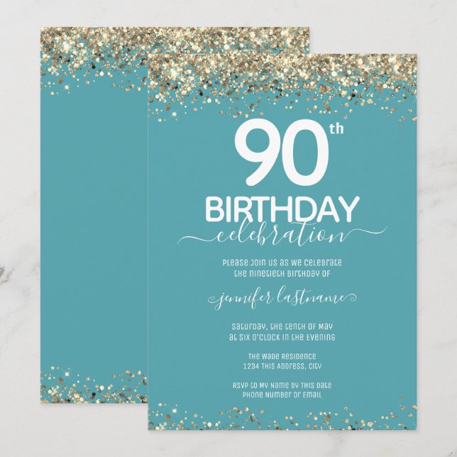 Gold Glitzer 90. Geburtstagsparty Einladung (Vorne/Hinten)
