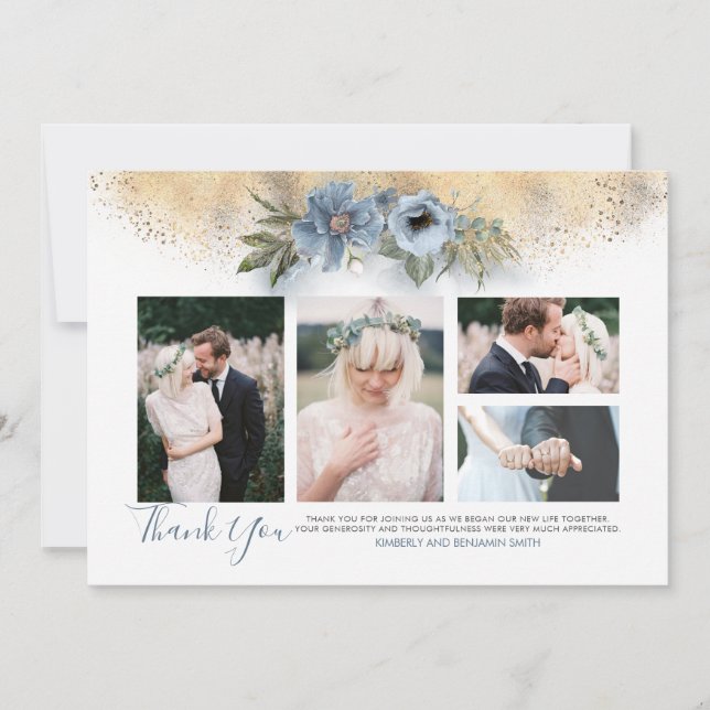 Gold Glitzer and Dusty Blue Wedding Fotos Card Einladung (Vorderseite)