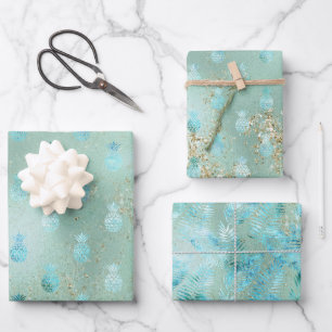 Gold Glitzer Aqua Glam Tropische Ananas   Geschenkpapier Set