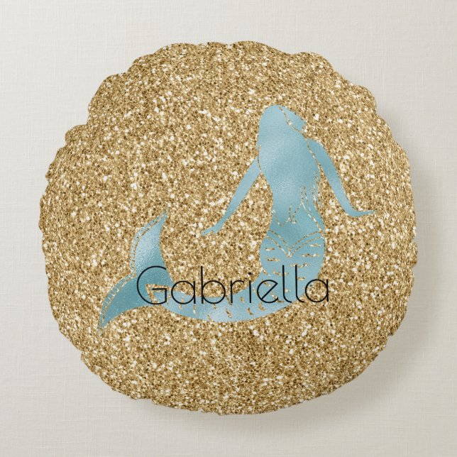 Gold Glitzer Aqua Mermaid Personalisiert Rundes Kissen (Vorderseite)