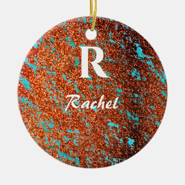 Gold Glitzer Aquamarin Blue Monogram Initial Name  Keramik Ornament (Vorne)