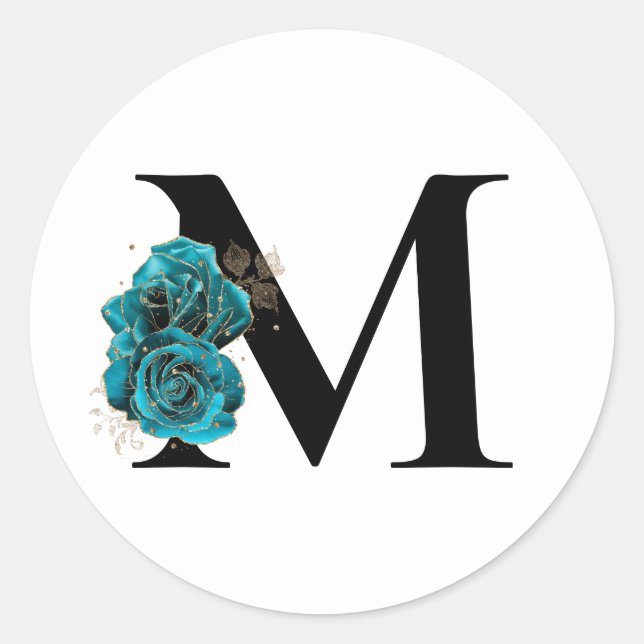 Gold Glitzer Aquamarin Floral Glam Monogram Runder Aufkleber (Vorderseite)
