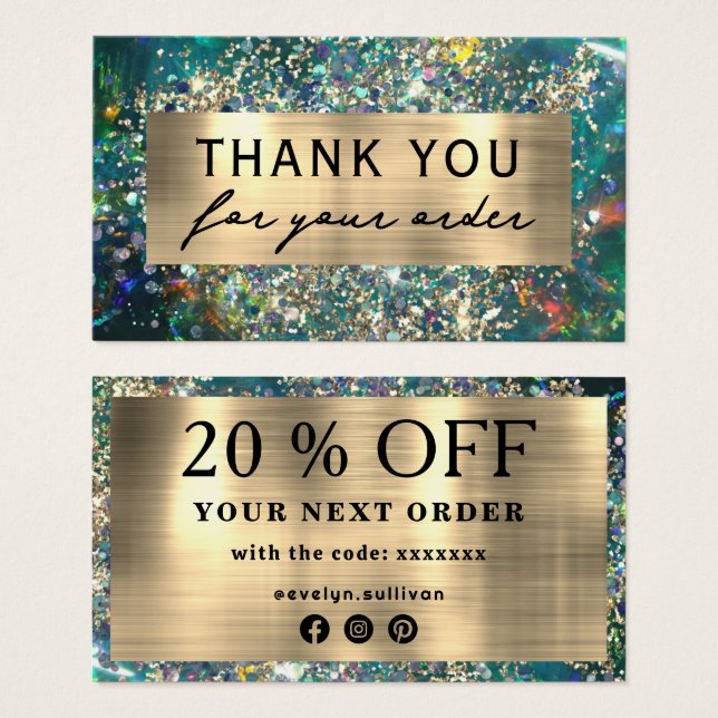 Gold Glitzer aquamarin Opal Discount Card (Vorne & Hinten)
