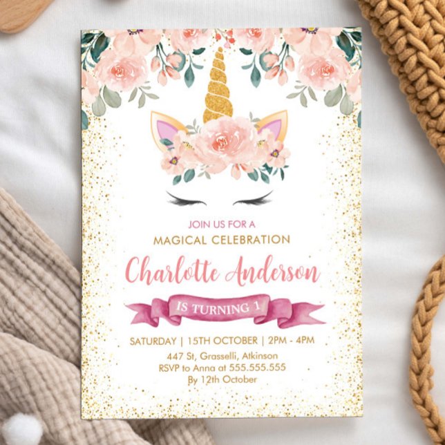 Gold Glitzer Aquamarin Peach Floral Unicorn Geburt Einladung (Von Creator hochgeladen)
