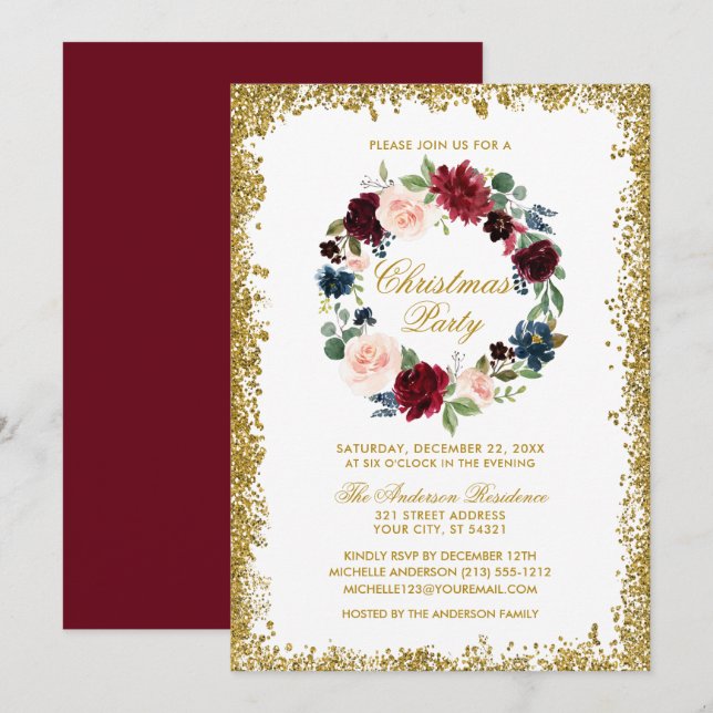 Gold Glitzer Aquarell Blumenweihnachtsfest Party Einladung (Vorne/Hinten)