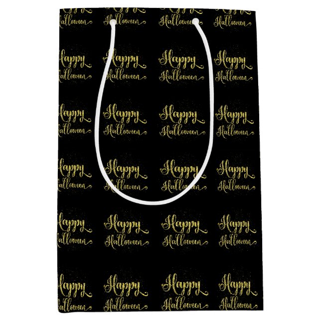 Gold Glitzer auf Black Happy Halloween Mittlere Geschenktüte (Vorderseite)
