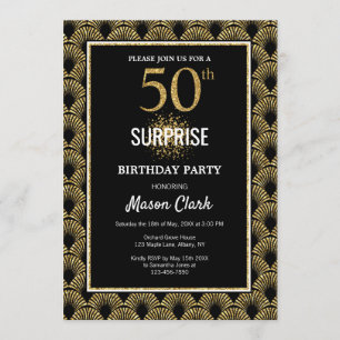 Gold Glitzer auf Black Surprise 50. Geburtstag Einladung