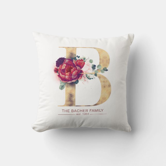 Gold Glitzer B Monogram Floral Burgund Red Kissen (Vorderseite)