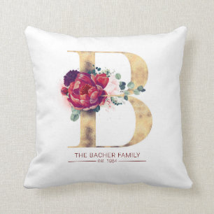 Gold Glitzer B Monogram Floral Burgund Red Kissen