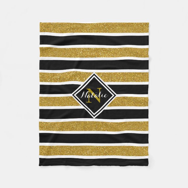 Gold Glitzer B&W Streifen mit Name und Monogramm Fleecedecke (Vorderseite)
