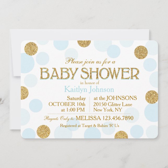 Gold Glitzer Baby Blue Scattered Dots Baby Dusche Einladung (Vorderseite)