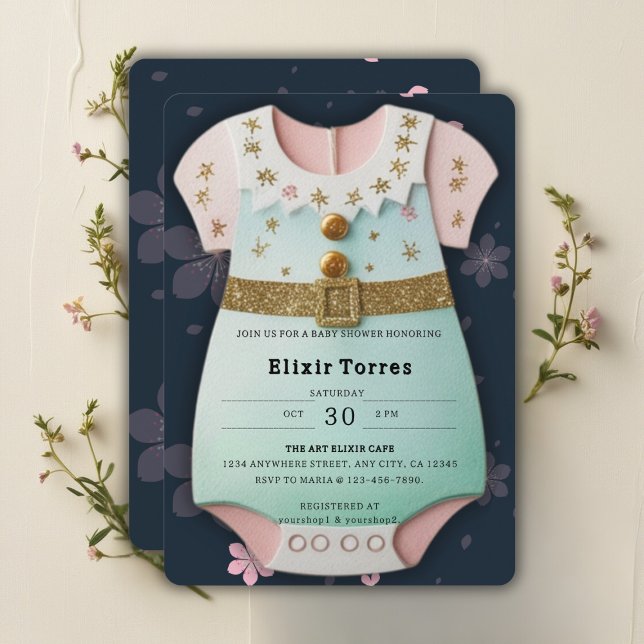 Gold Glitzer Baby Kleidung Floral Baby Dusche Einladung (Von Creator hochgeladen)