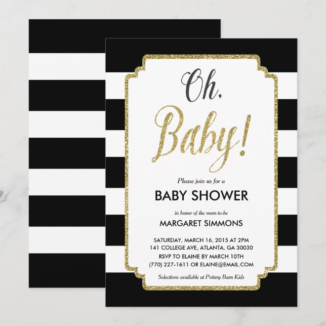 Gold Glitzer Baby Shower Einladung, Black & Gold Einladung (Vorne/Hinten)
