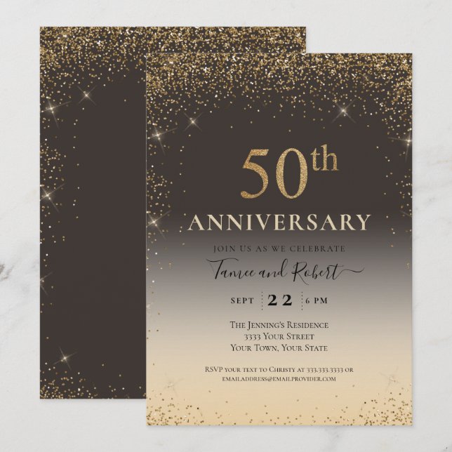 Gold Glitzer Ballon 50 Jahre Jubiläum Einladung (Vorne/Hinten)