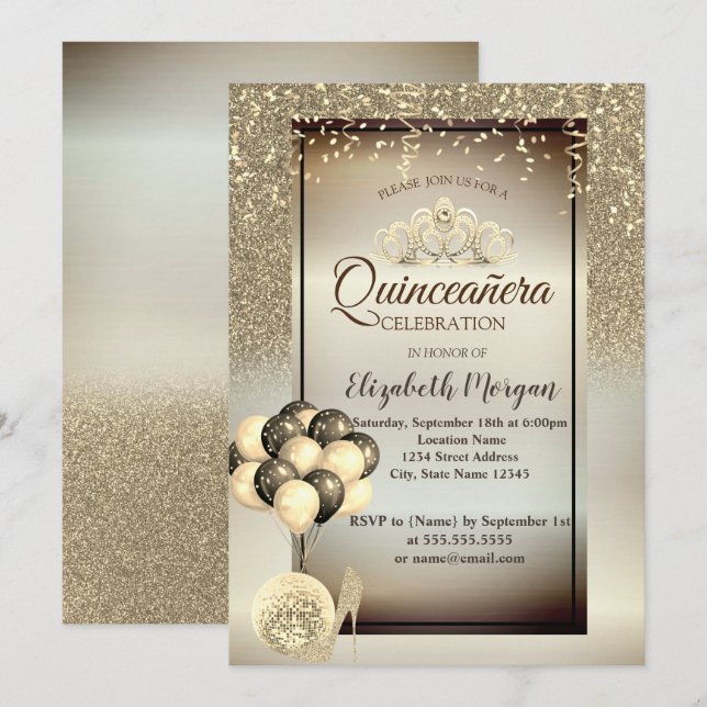 Gold-Glitzer, Ballons, High Heels, Tiara Quinceañe Einladung (Vorne/Hinten)