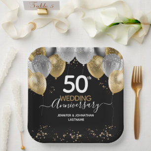 Gold Glitzer Ballons zum 50. Jubiläum Pappteller